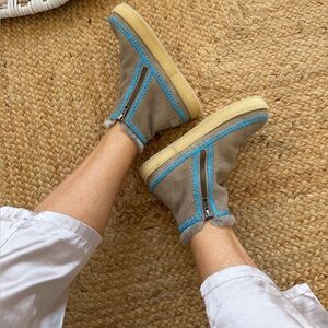 Free peopleNew LaidBack London Setsu Gray Suede blue crochet Shearling Cozy ❤️🎁